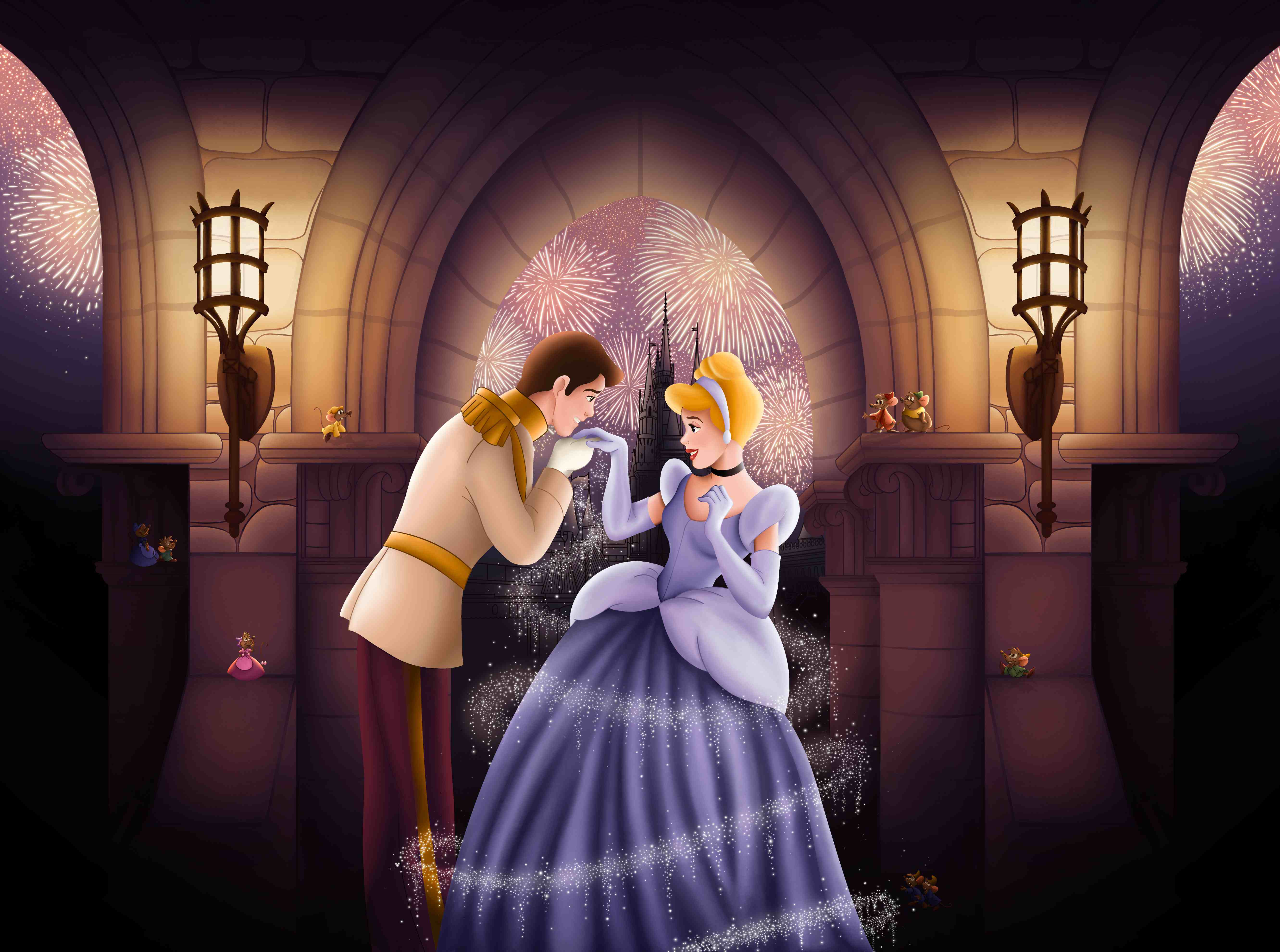 Cinderella and Prince Charming dancing under fireworks by Kyree Tilsher